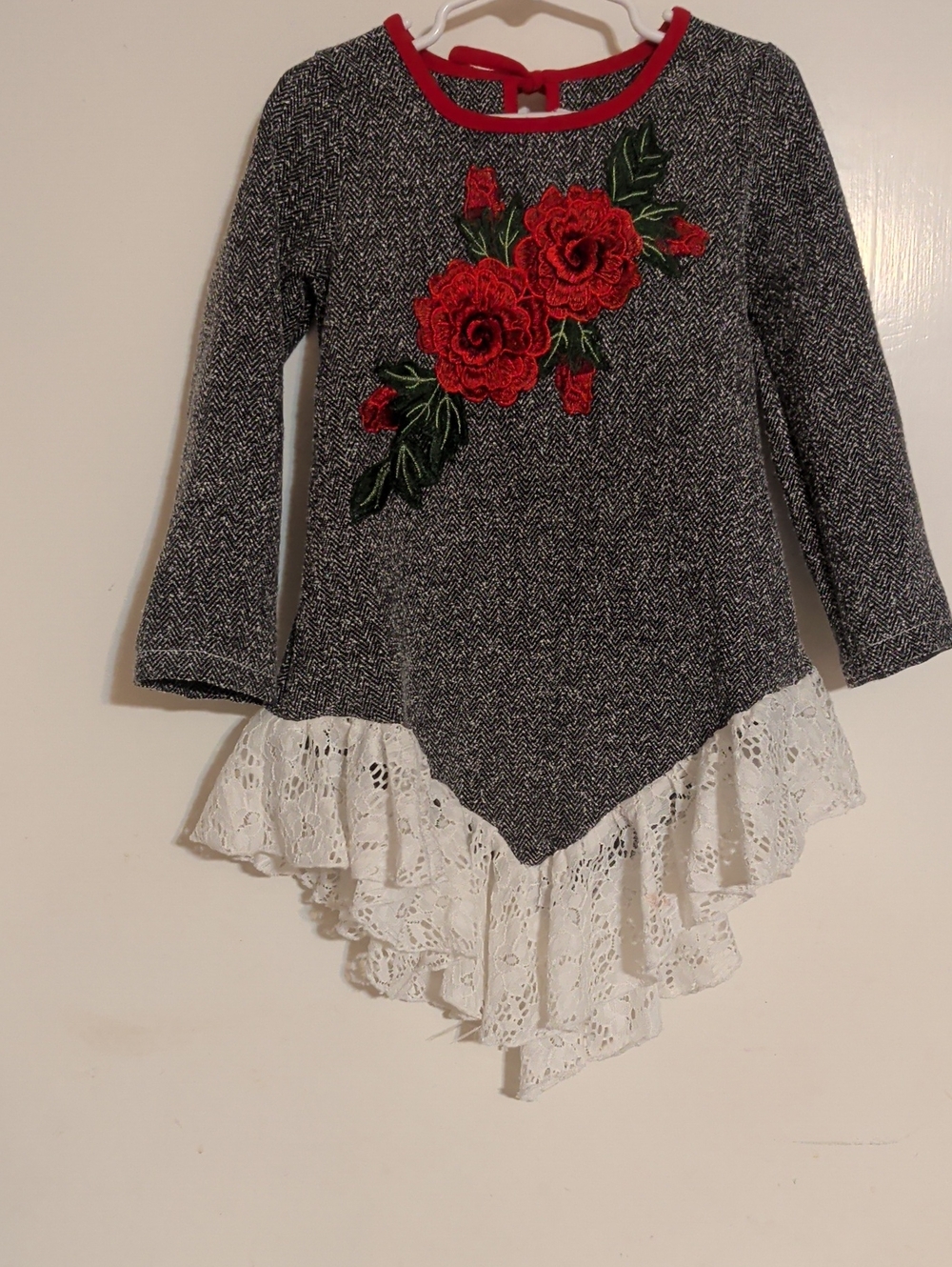 Girl's  Black Heather Knit Dress with Red Rose Applique and White Lace Hem